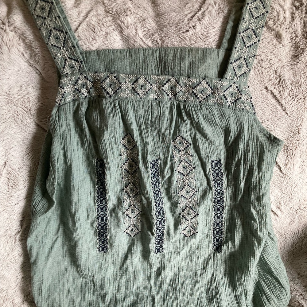 Cute boho tank sage green with white and navy print, Size L